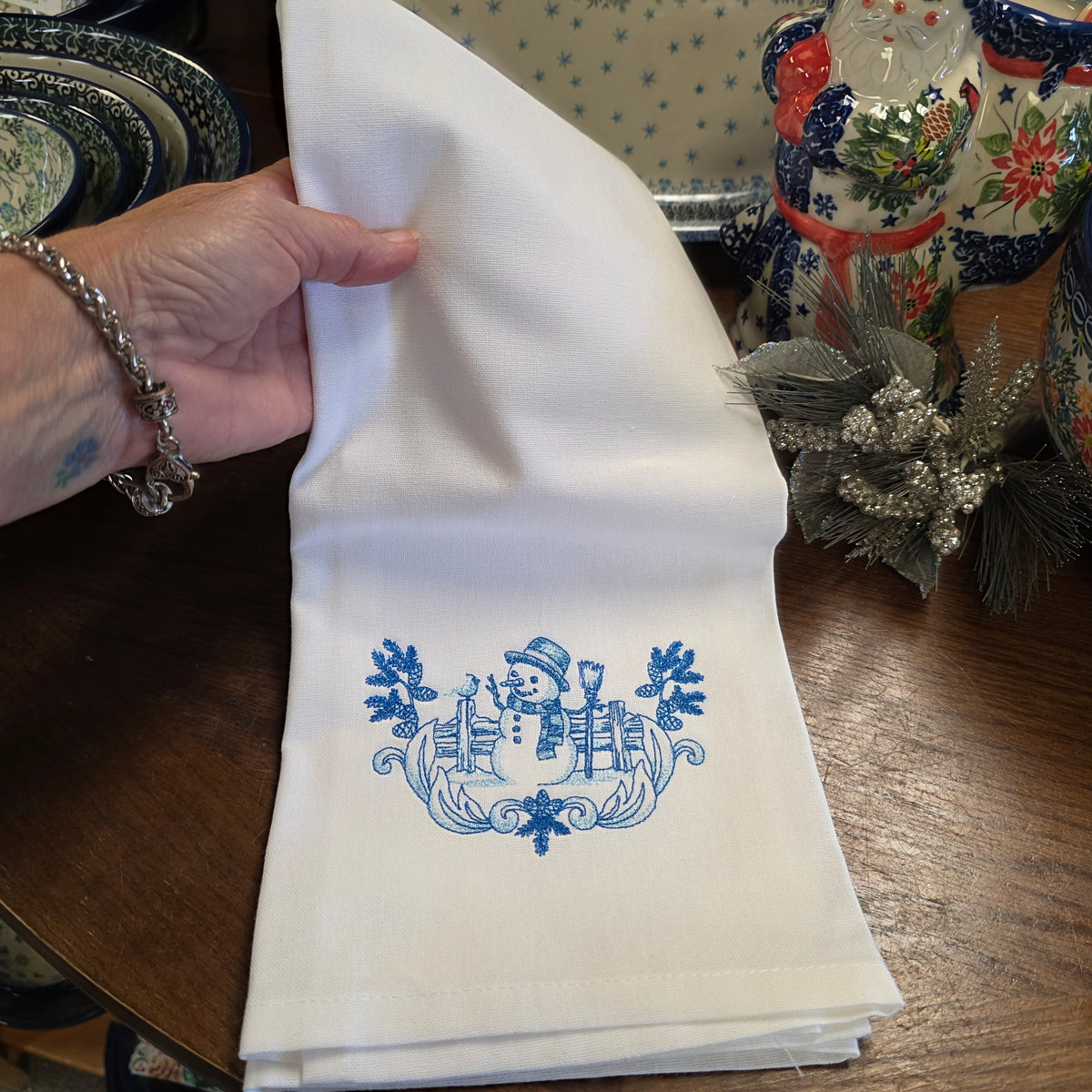Towel ~ Festive Winter Snowman Tea Towel with Embroidered Detail