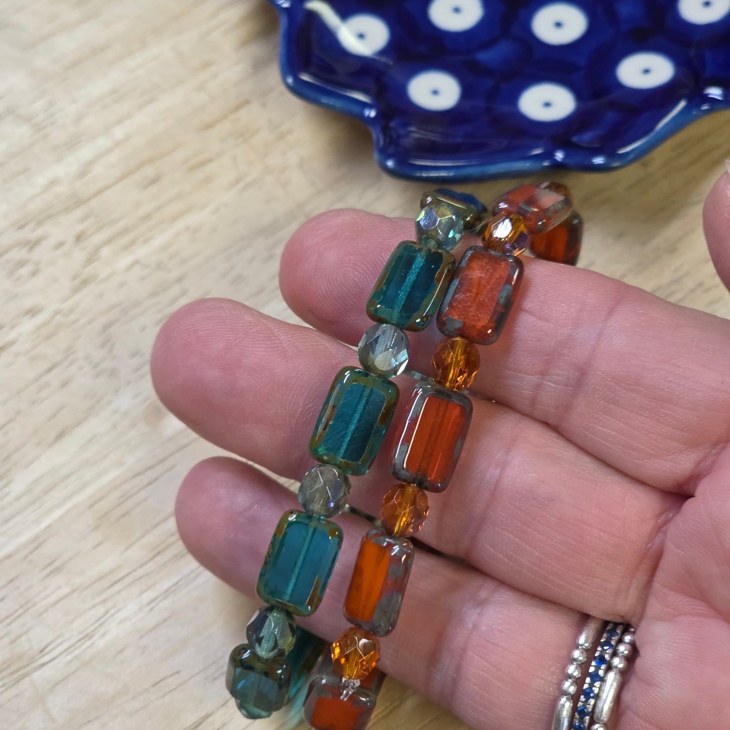 Jewelry ~ 2 pc Orange/Aqua stretch bracelet Czech