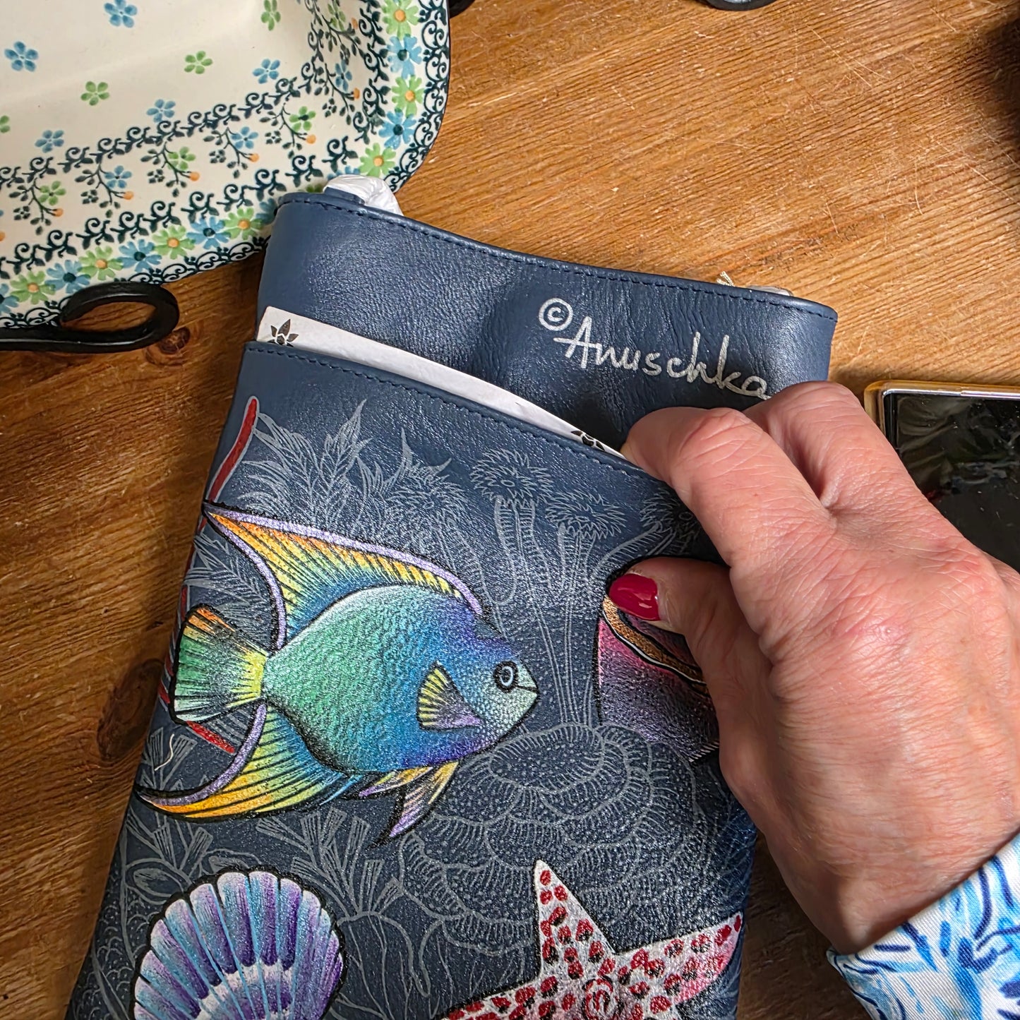Anuschka ~ Crossbody Blue / Sealife  Double Zip Travel bag
