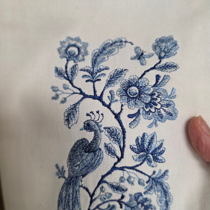 Towel ~Vintage Inspired Delft Blue Tea Towel - Peacock and Flowers