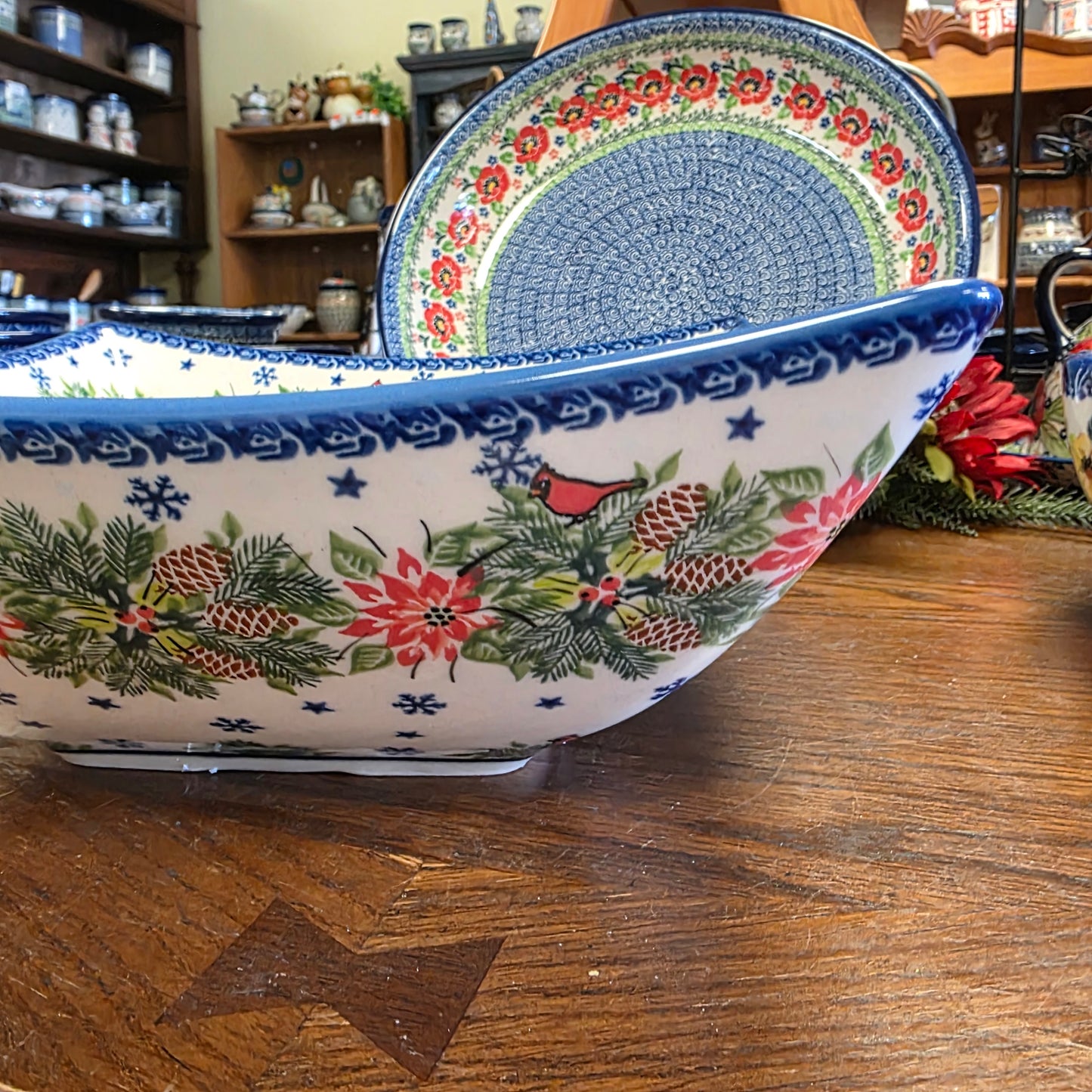 Bowl ~ Square 11" Cardinal and Poinsettia XL