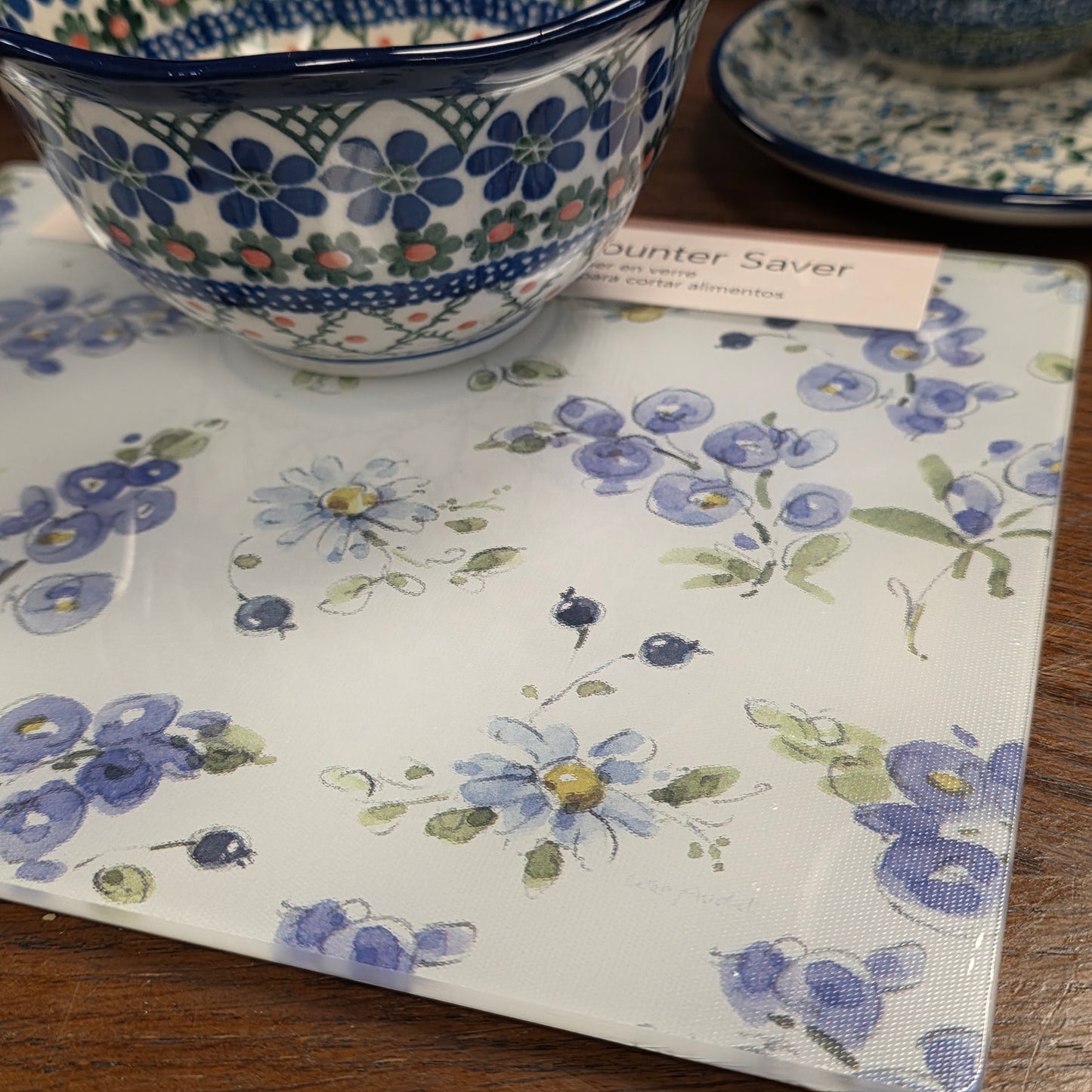 Cutting Board Blues/ Counter Saver Glass 8" x 10". **Not Polish Pottery