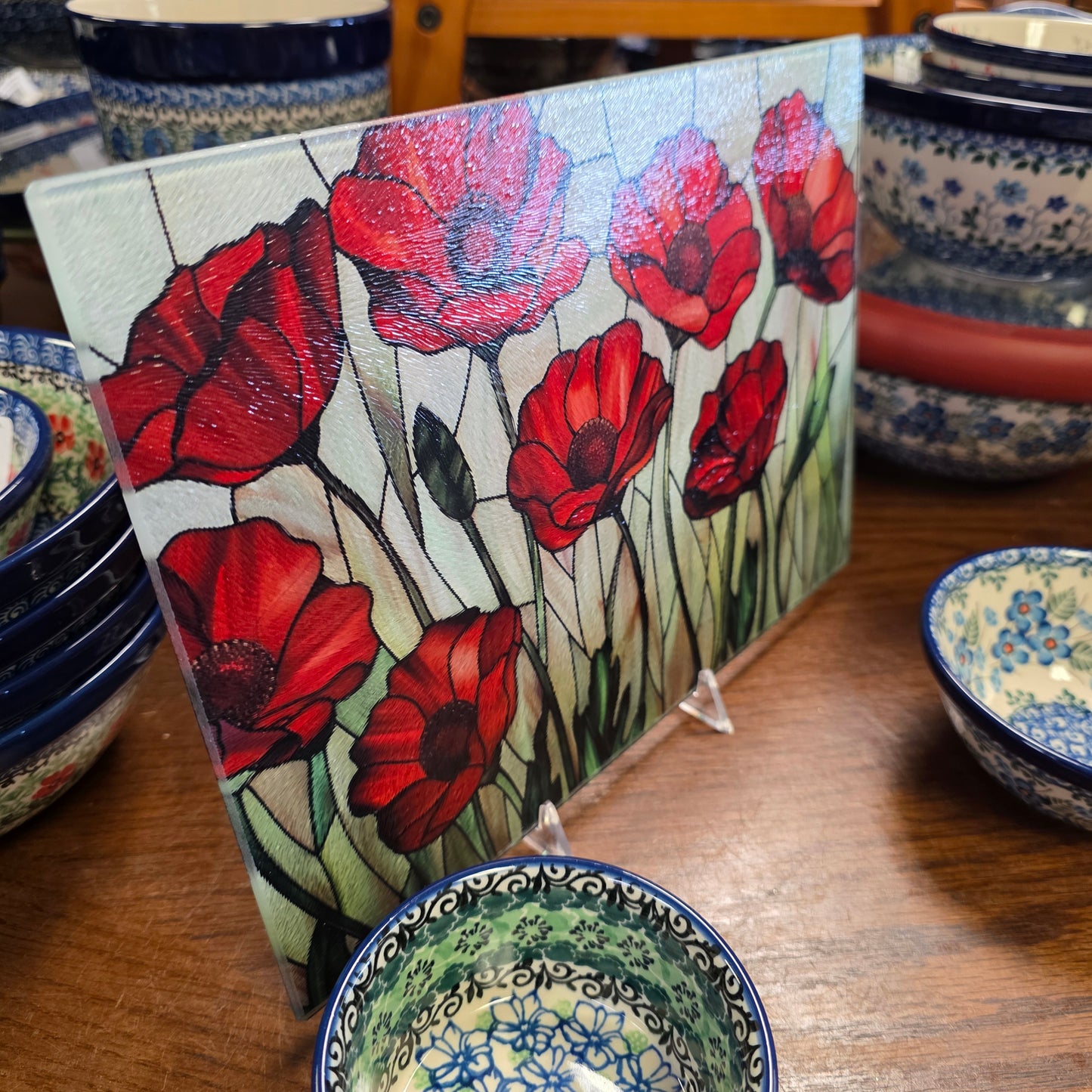 Cutting Board: *Lighter* Poppy Charcuterie Tray: 8x11 inch  Tempered Glass   *** NOT Polish Pottery ***