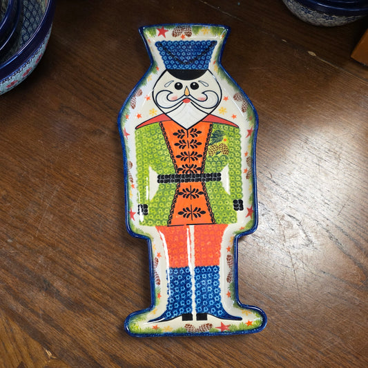 Tray Nutcracker  green coat / pinecones and stars / 14" x 6.5"