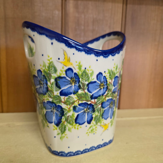 Basket ART2 /1166 Yellow Bird Utensil Holder / UNIKAT blue flowers (6.5" H x 5.5"w)