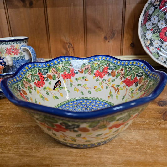 Bowl ~ Wavy Fall Bird acorn berries