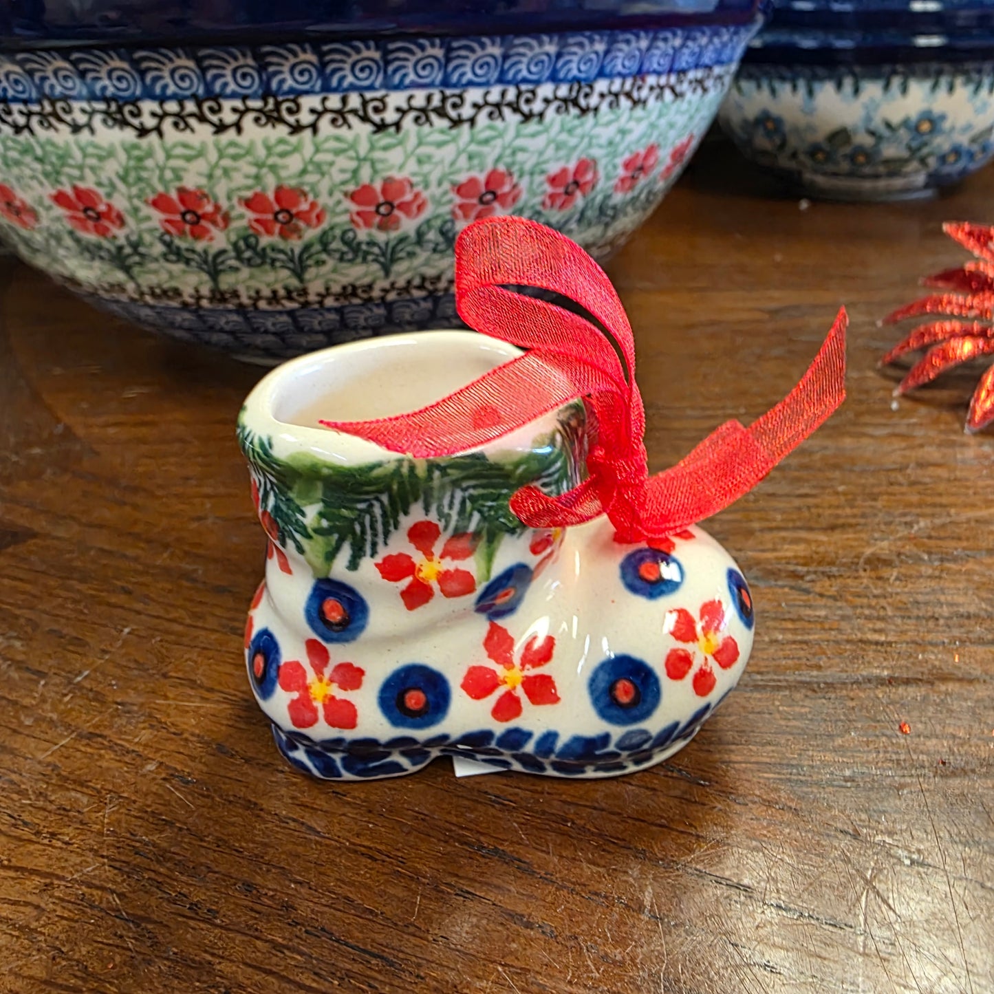 Ornament ~ Boot red flowers blue circles