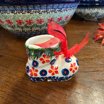 Ornament ~ Boot red flowers blue circles