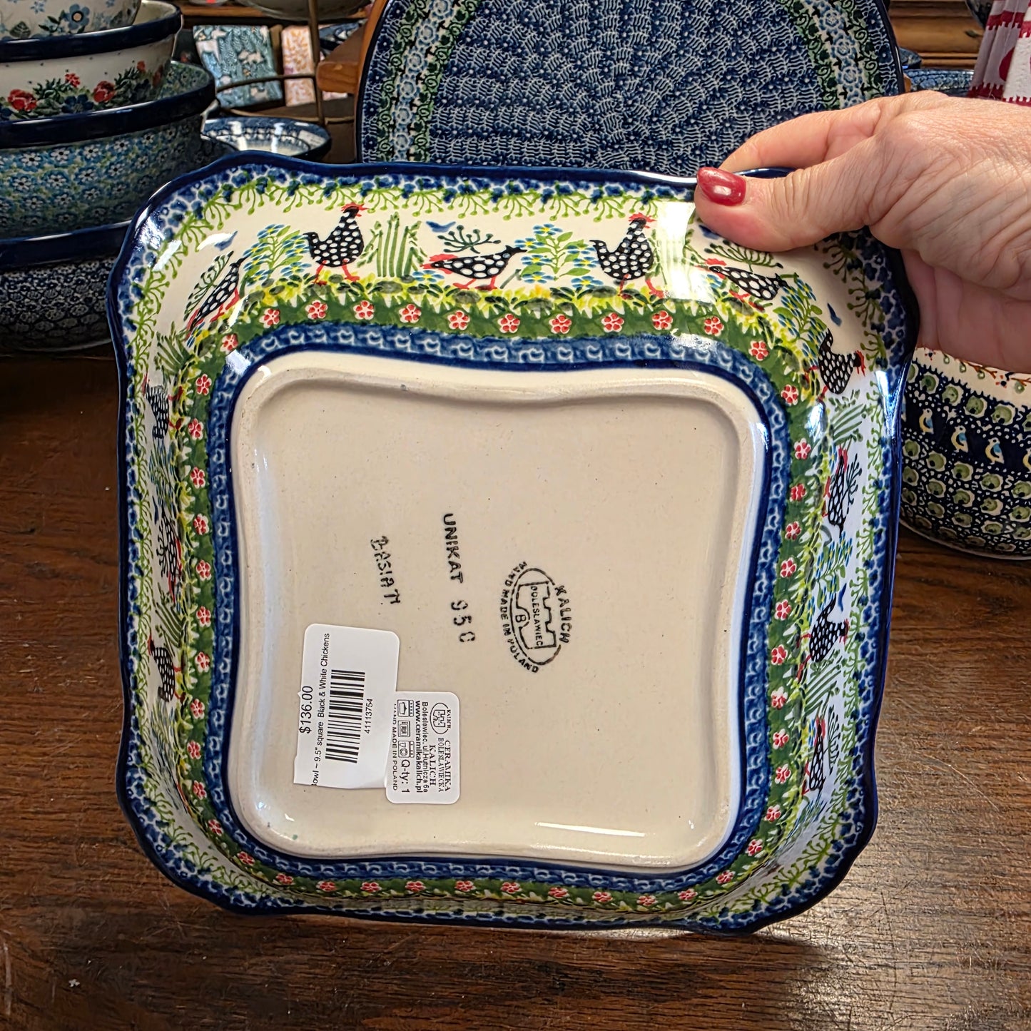 Bowl ~ 9.5" square  Black & White Chickens