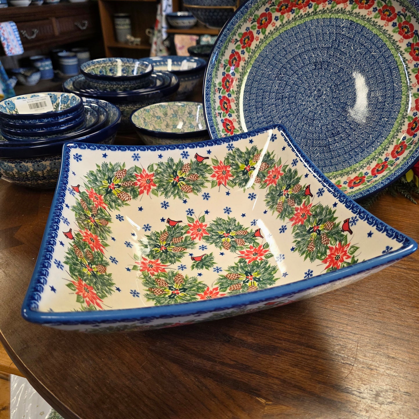 Bowl ~ Square 11" Cardinal and Poinsettia XL