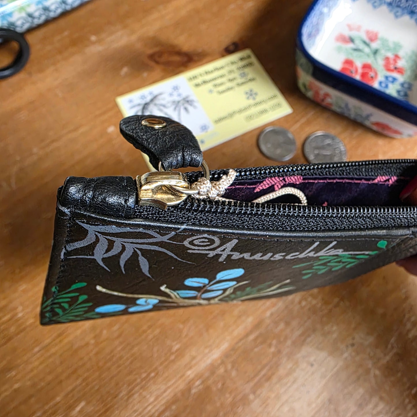 Anuschka ~ Card Case w/zip coin pouch black / parrot  RFID Block