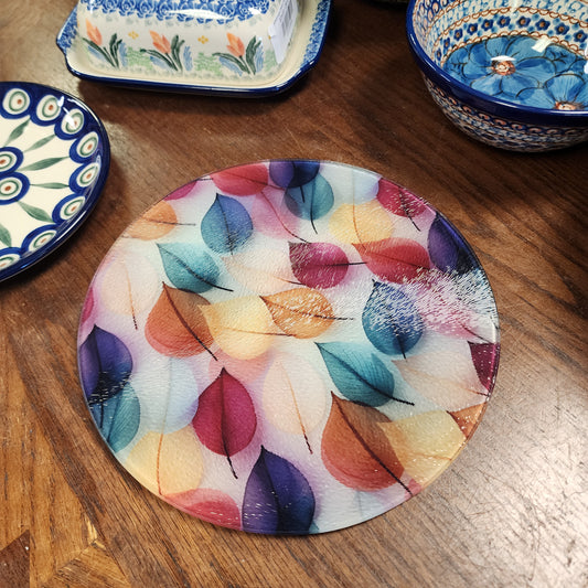 Cutting Board: Colorful Leaves  8 - Inch round   Tempered Glass