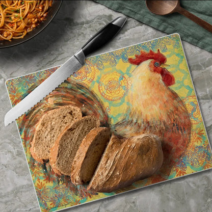 Cutting Board Fancy Rooster / Counter Saver Glass 8" x 10". **Not Polish Pottery