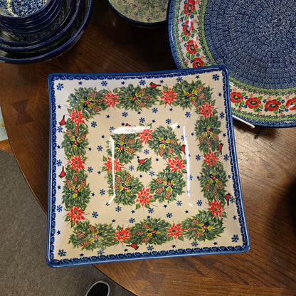 Bowl ~ Square 11" Cardinal and Poinsettia XL
