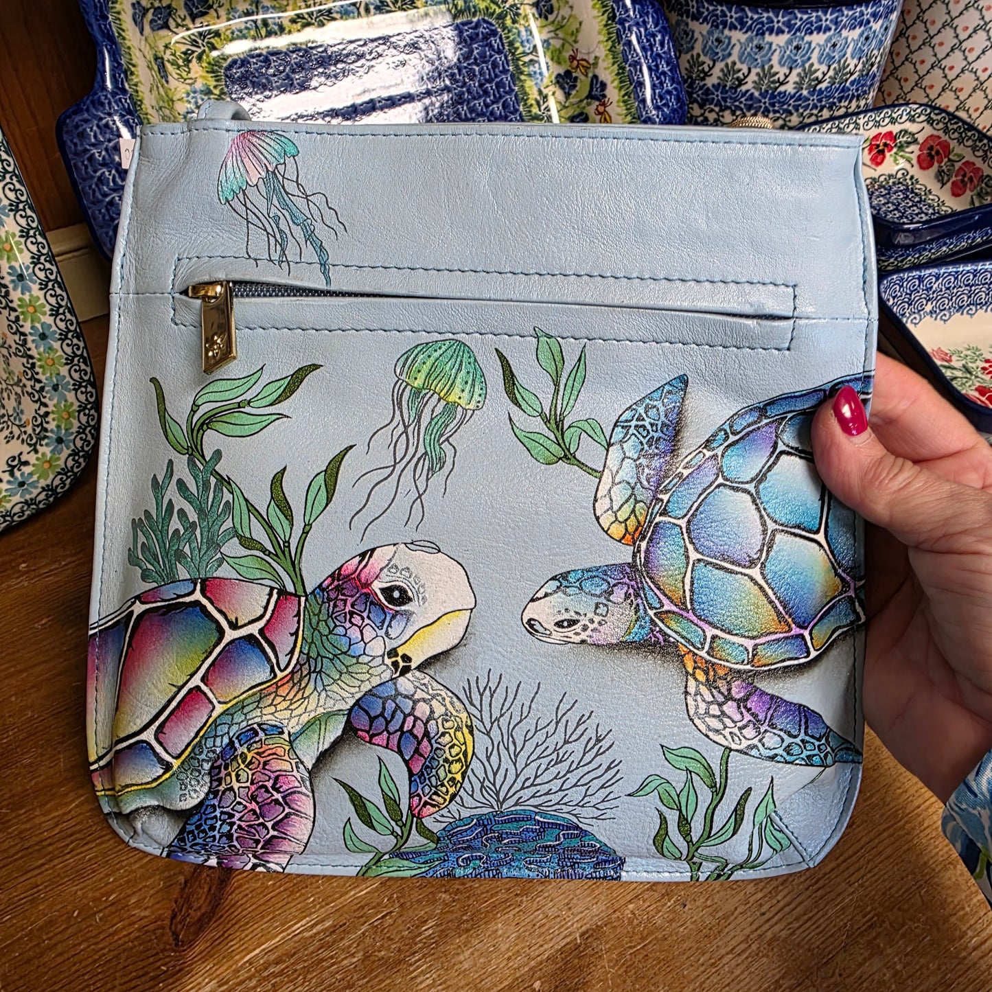 Anuschka ~ slim Crossbody Blue / Turtle front zipper