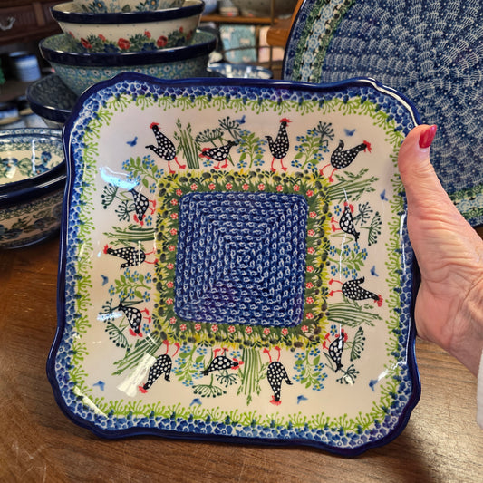 Bowl ~ 9.5" square  Black & White Chickens