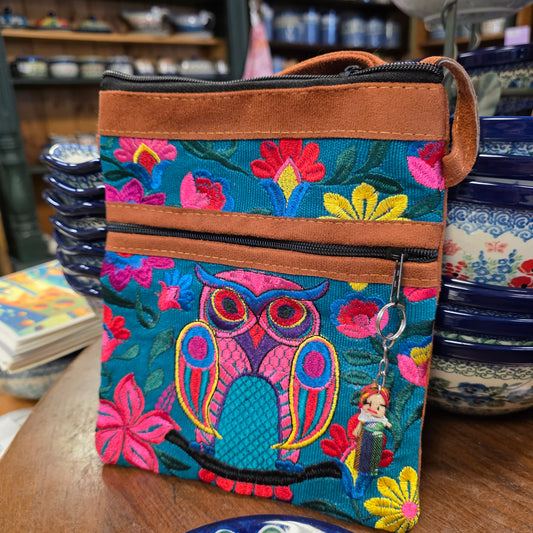 Embroidered Owl green ~  Faux Leather Crossbody Purse