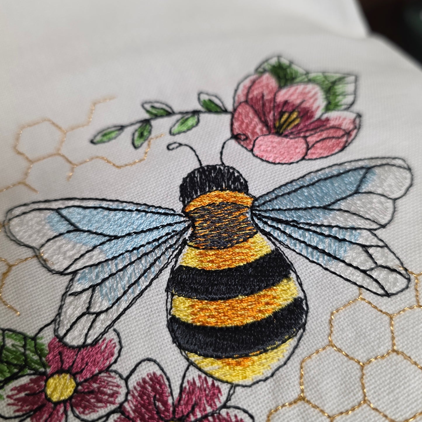 Towel ~ Bee among the flowers embroidered tea towel
