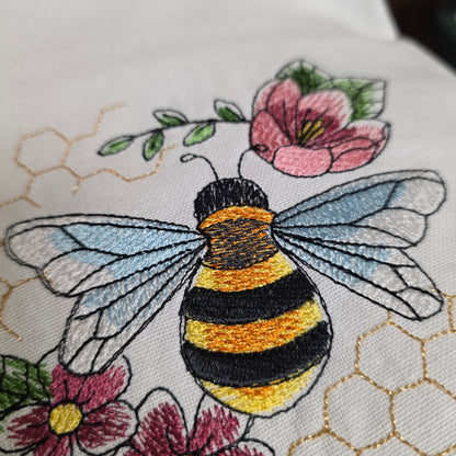 Towel ~ Bee among the flowers embroidered tea towel