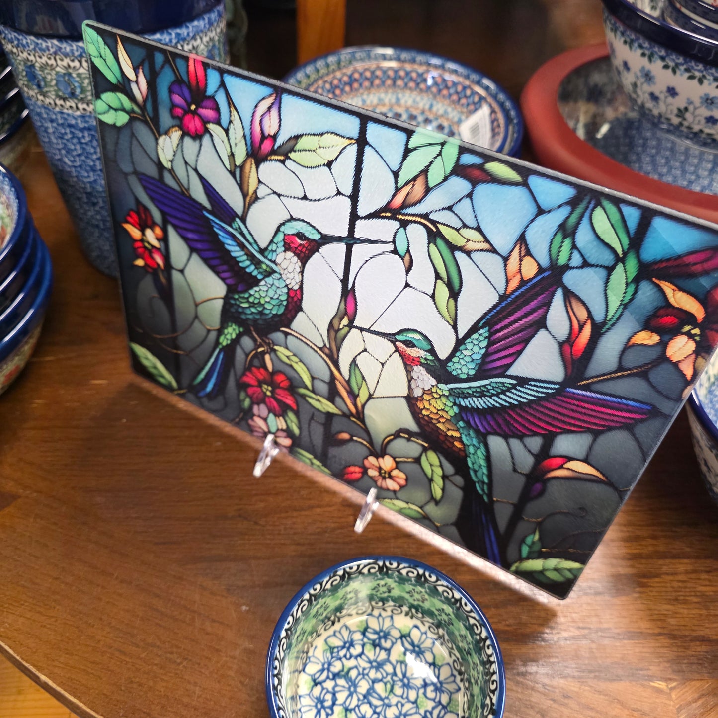 Cutting Board: Hummingbird #2: 8x11 inch   Tempered Glass Cutting Board & Serving Tray   *** NOT Polish Pottery ***
