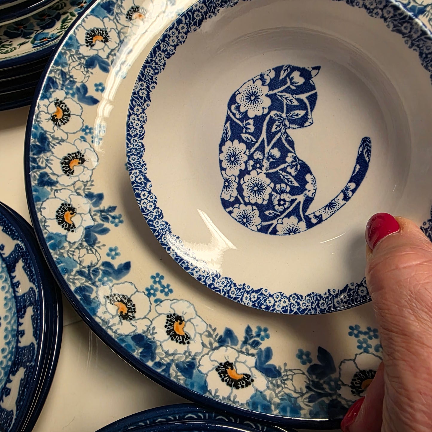 Burleigh ~ BLUE Butter Pat Calico Cat ~ Shallow bowl  *** NOT Polish Pottery