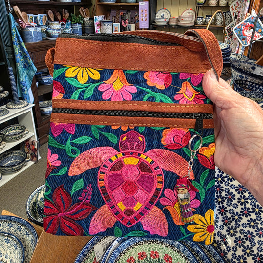 Embroidered Turtle Blue ~  Faux Leather Crossbody Purse