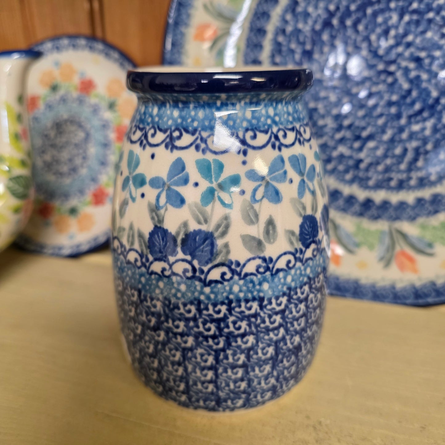 Vase   Milk Bottle Shape   5"H 196-3751 Blue Orchids