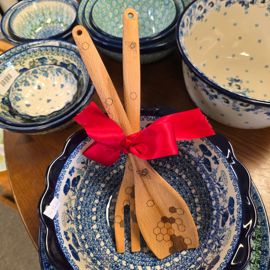 Wood 2 Pc Honey Bee set ~ Spoon (flat) & Fork Salad Serving
