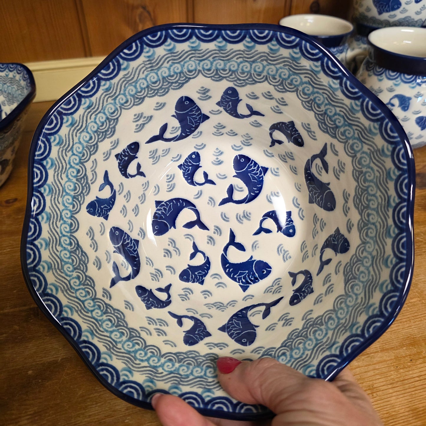Bowl ~ Wavy Edge ~ Small ~ 8" 2372X ~ Deep Blue Sea ~ Koi Fish