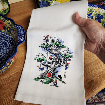 Towel ~ gnome tree house Tea Towel with Embroidered Detail
