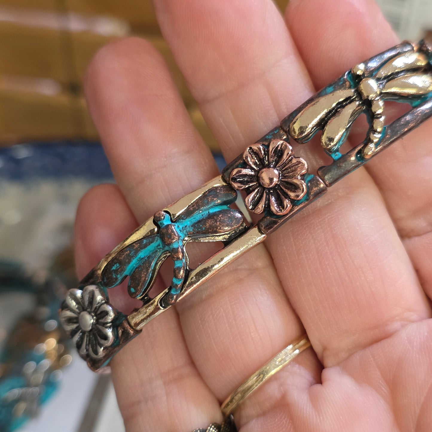 Jewelry Bracelet #1 Patina Vintage look #2   Dragonfly stretch bracelet swirls