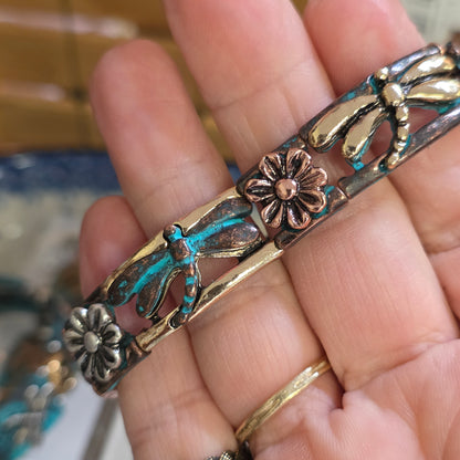 Jewelry Bracelet #1 Patina Vintage look #2   Dragonfly stretch bracelet swirls