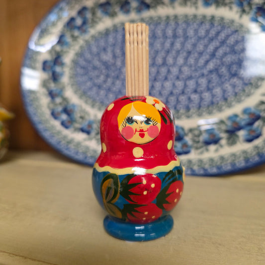 Wooden (C~Red berries, blue bottom) toothpick holder