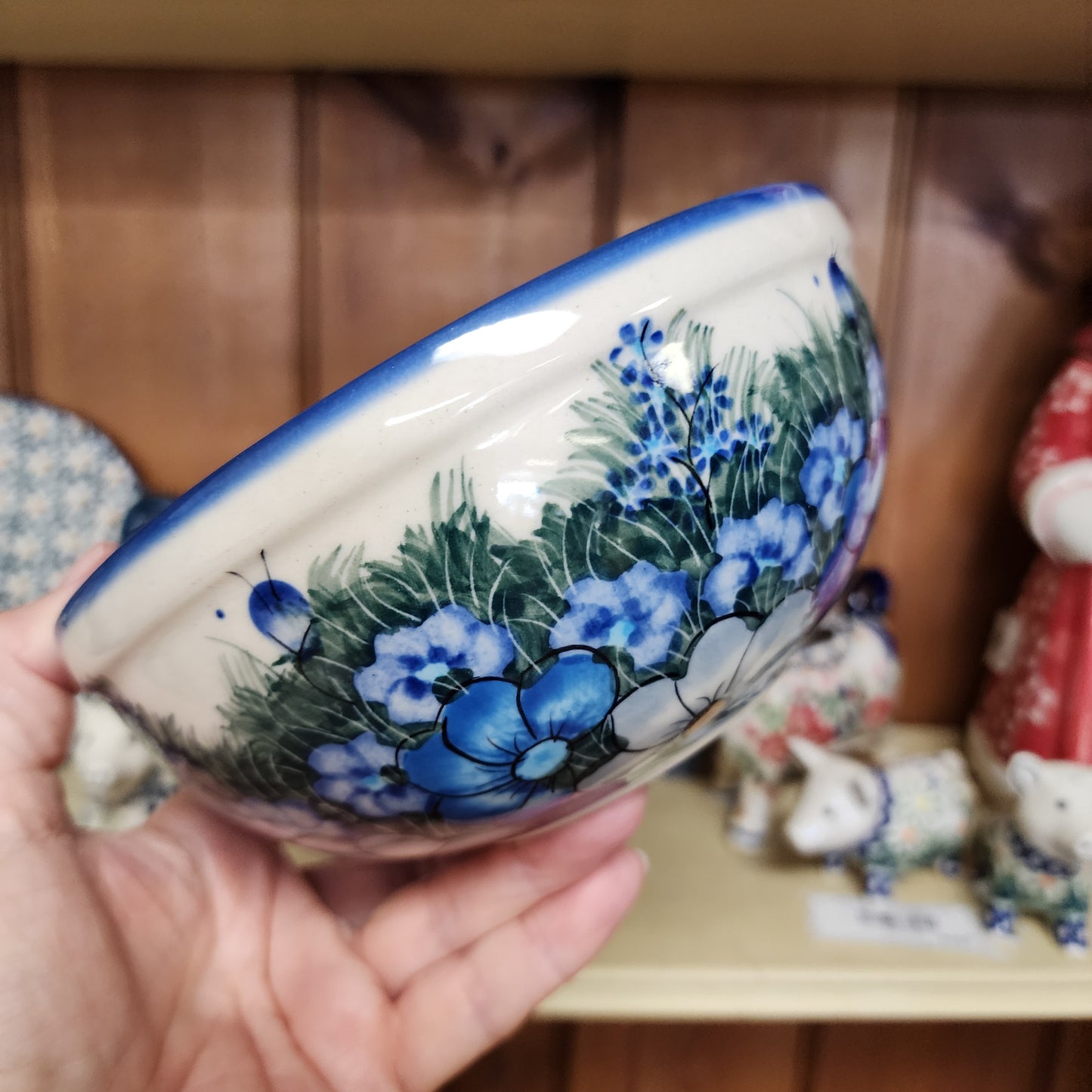 Bowl ~ 6" ~ Grey & White & blue (Rim)