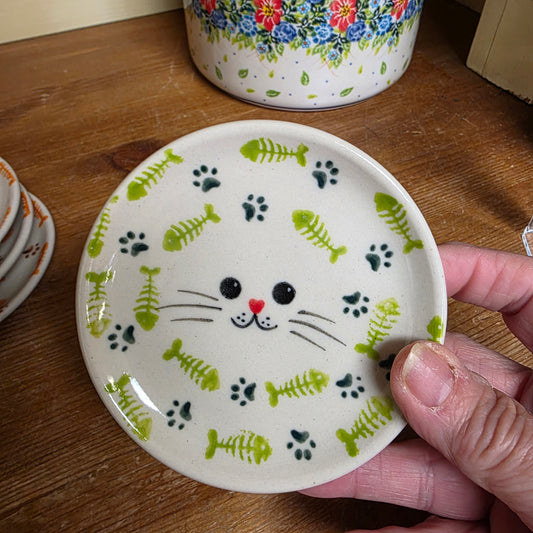 Saucer 4"/ green Kitty /  Fish Bones