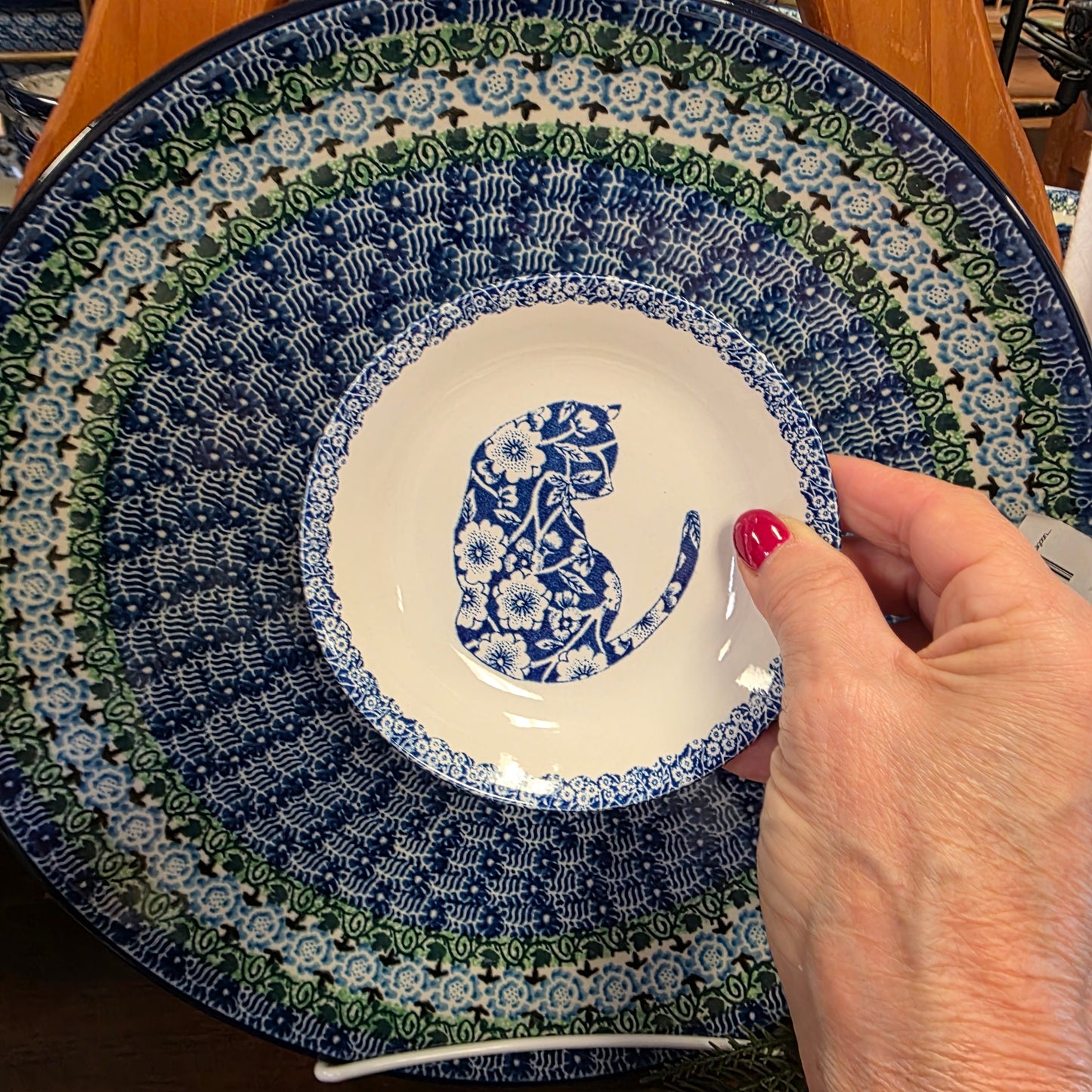 Burleigh ~ BLUE Butter Pat Calico Cat ~ Shallow bowl  *** NOT Polish Pottery