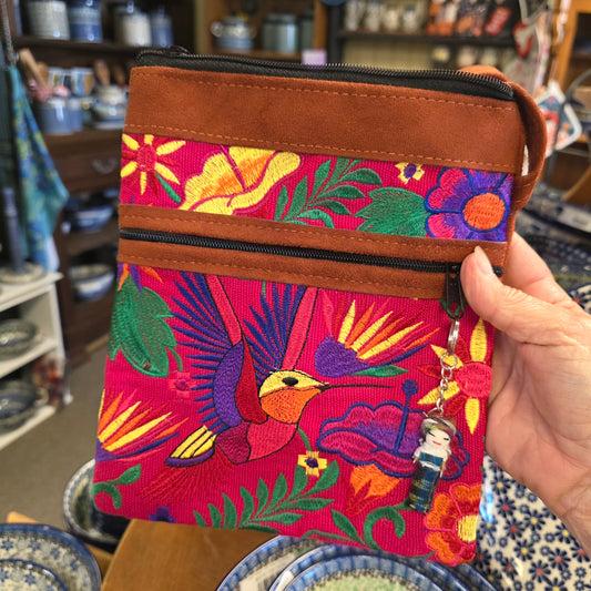 Embroidered Hummingbird Pink   ~  Faux Leather Crossbody Purse