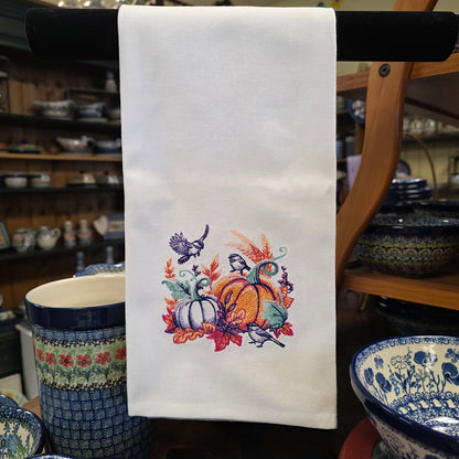 Towel ~ Seasonal Delight Embroidered Tea Towel with Pumpkins, Birds