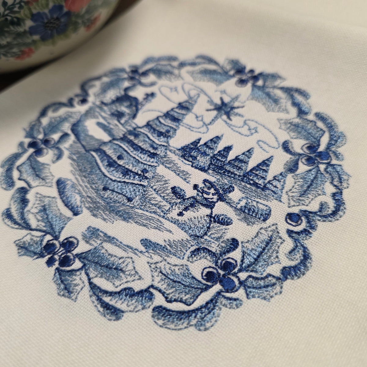 Towel ~ Christmas Scene with Trees and Snowman Tea Towel with Embroidered Detail