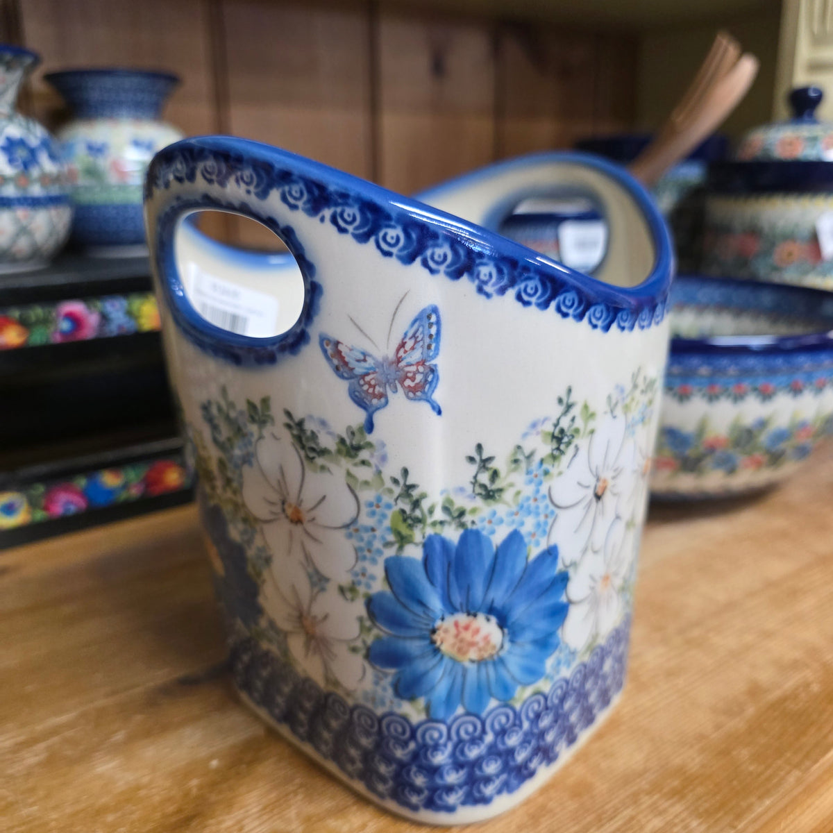 Basket ART2 / #2  Utensil Holder /. UNIKAT butterfly blue flowers (6.5" H x 5.5"w)