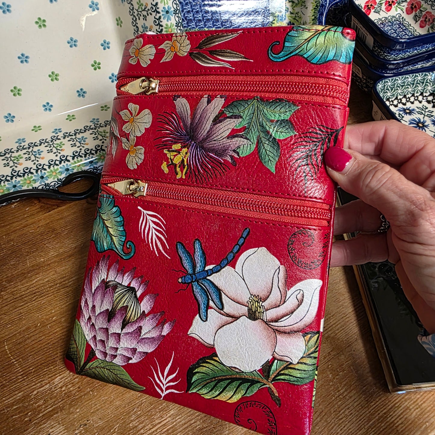 Anuschka ~ Crossbody Red / Dragonfly Double Zip Travel bag