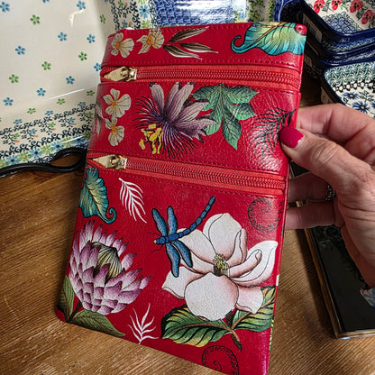 Anuschka ~ Crossbody Red / Dragonfly Double Zip Travel bag