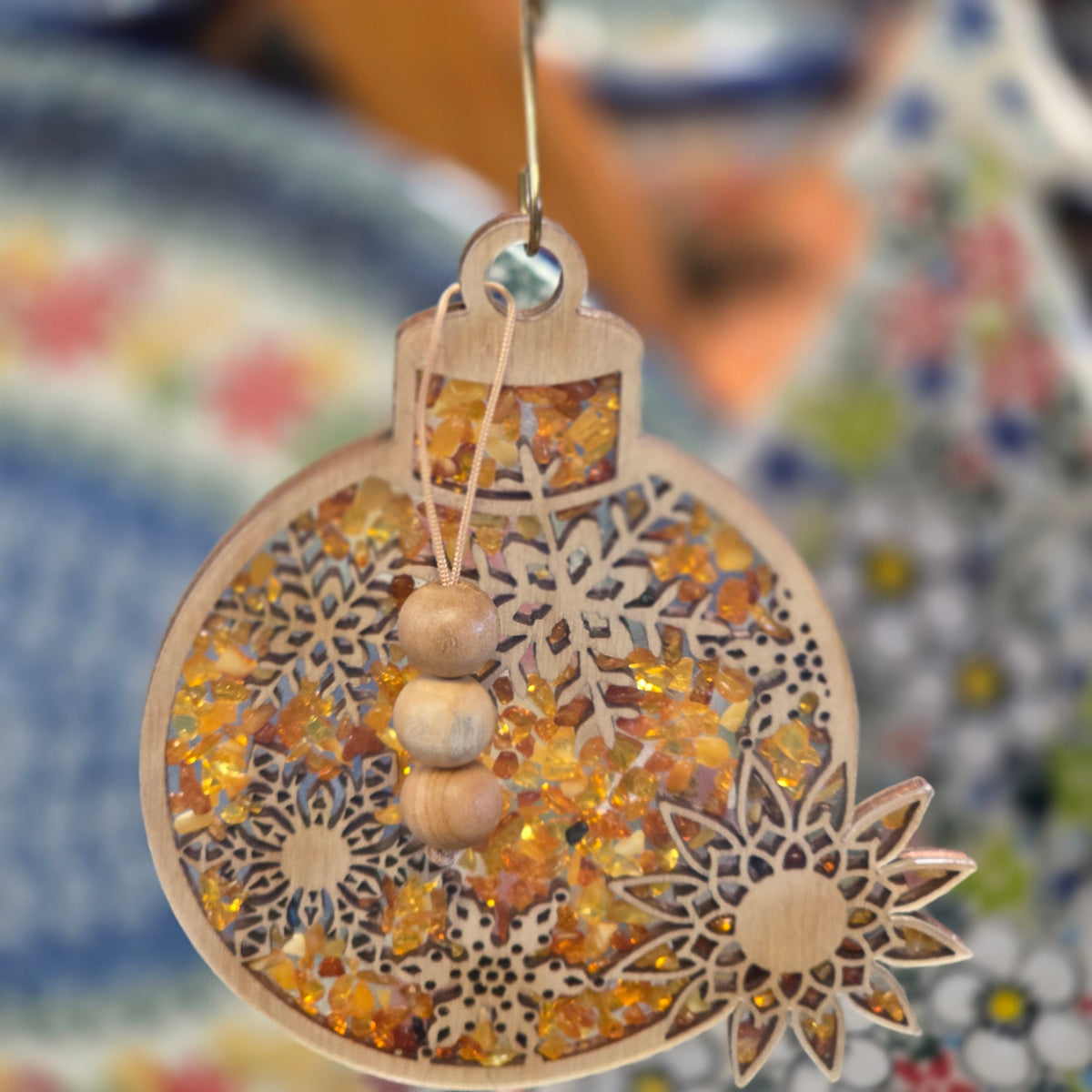 Ornament ~ Amber Snowflake Amber and Wood Christmas Ornament (3.5") /#11075