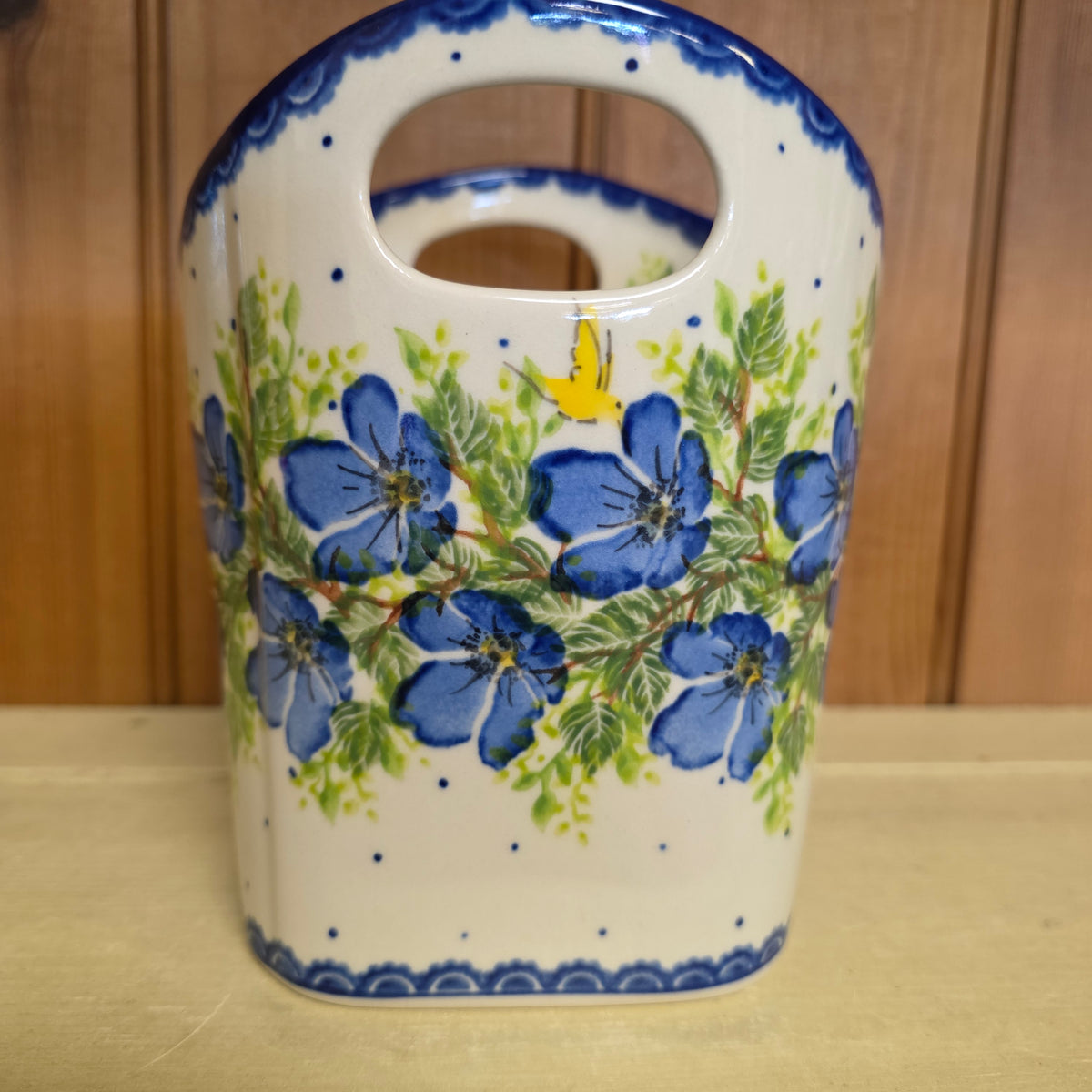 Basket ART2 /1166 Yellow Bird Utensil Holder / UNIKAT blue flowers (6.5" H x 5.5"w)