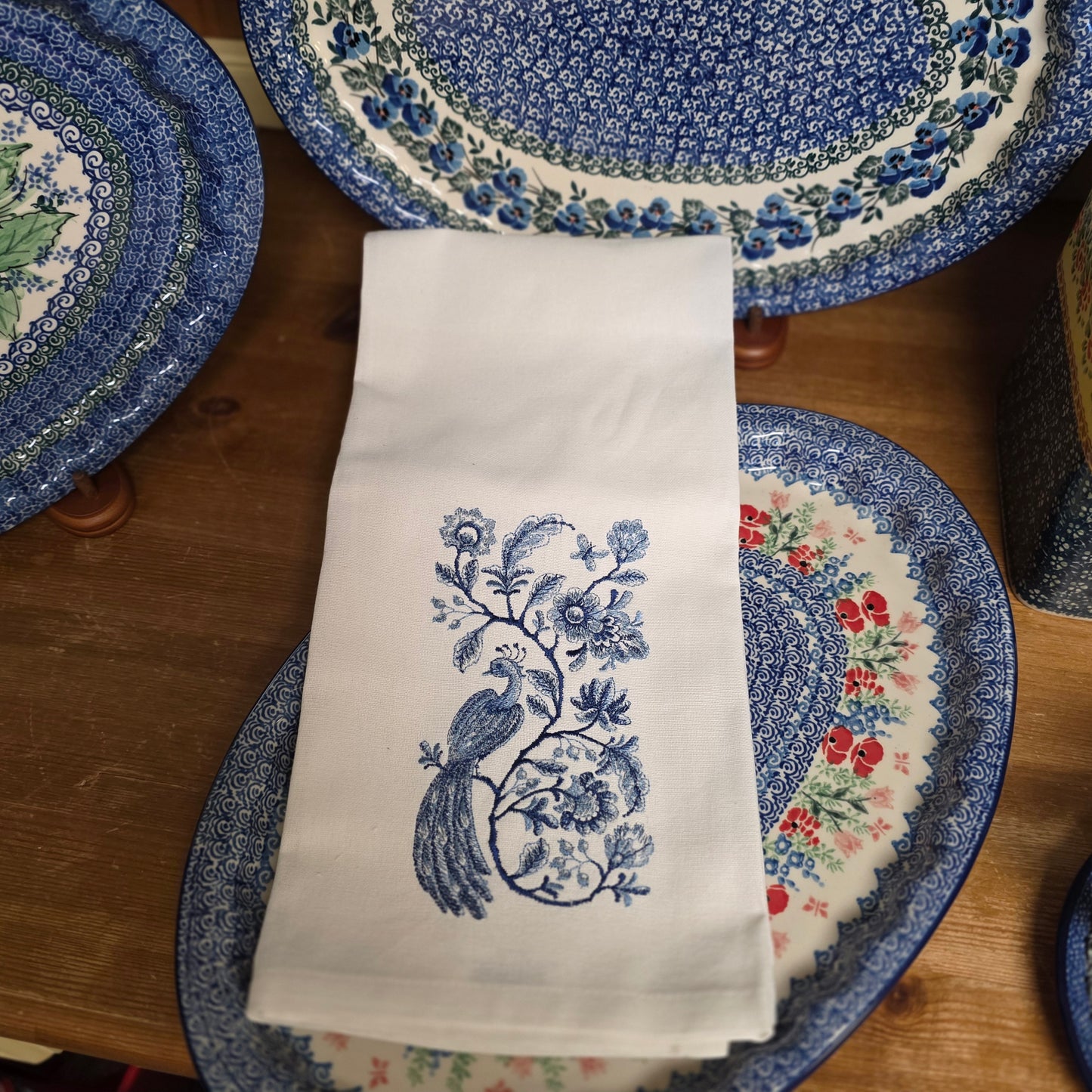 Towel ~Vintage Inspired Delft Blue Tea Towel - Peacock and Flowers