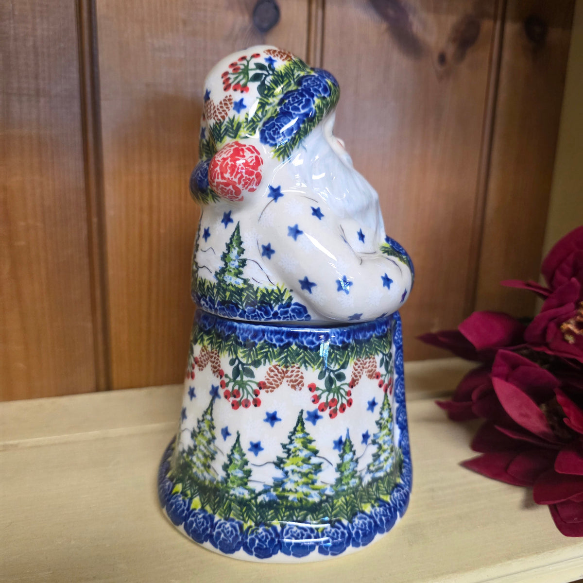 Santa Jar ~ 8" H.  Trees / Pinecone / Cardinal