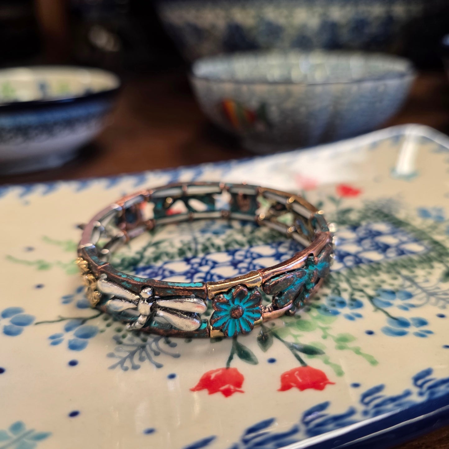 Jewelry Bracelet #2 Patina Vintage look # 1    Dragonfly stretch braceletJewelry ~