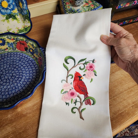 Towel ~ Cardinal Tea Towel with Embroidered Detail
