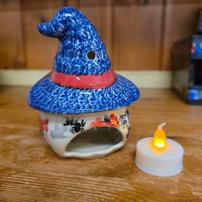 Pumpkin Wizard #1 Jack o lantern blue hat luminary / 5“ H. Jack o lantern