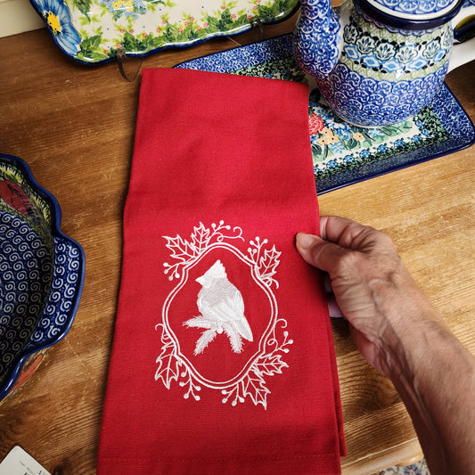 Towel ~ White Cardinal Tea Towel with Embroidered Detail